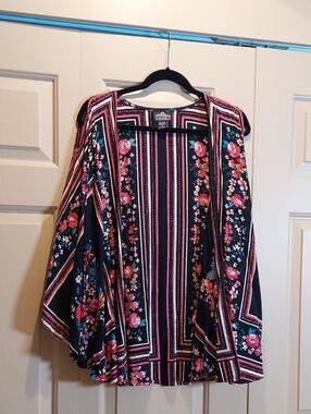 Angie Black Floral-Stripe Open Front Kimono